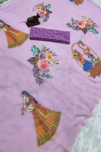 Lavender colour weightless digital print saree with unstitched blouse