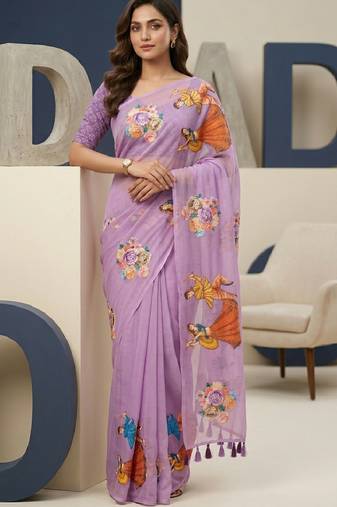 Lavender colour weightless digital print saree with unstitched blouse