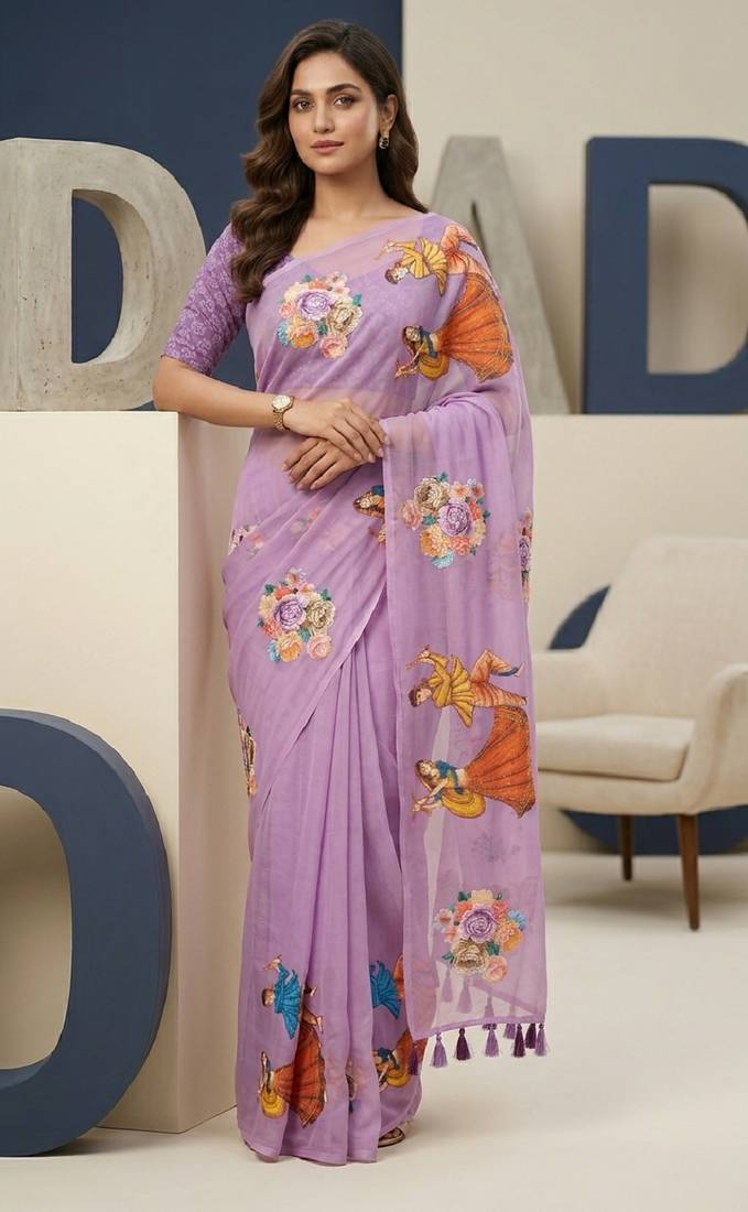 Lavender colour weightless digital print saree with unstitched blouse