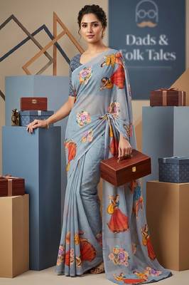 Blue colour weightless digital print saree with unstitched blouse 1