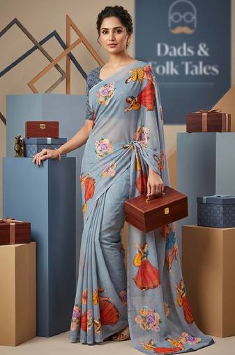 Blue colour weightless digital print saree with unstitched blouse