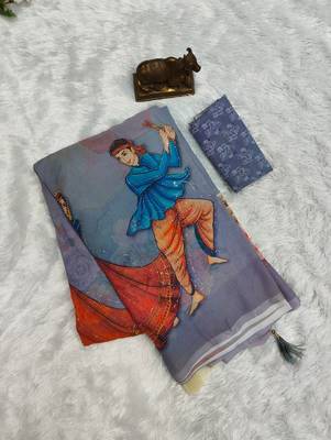 Blue colour weightless digital print saree with unstitched blouse 2