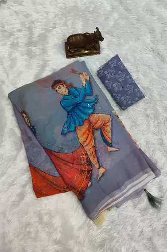 Blue colour weightless digital print saree with unstitched blouse