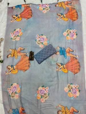 Blue colour weightless digital print saree with unstitched blouse 3