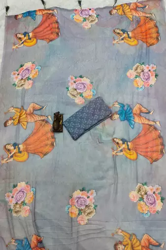 Blue colour weightless digital print saree with unstitched blouse