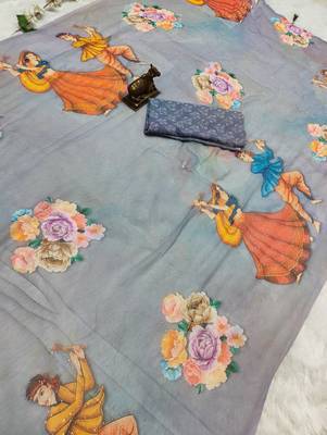 Blue colour weightless digital print saree with unstitched blouse 4