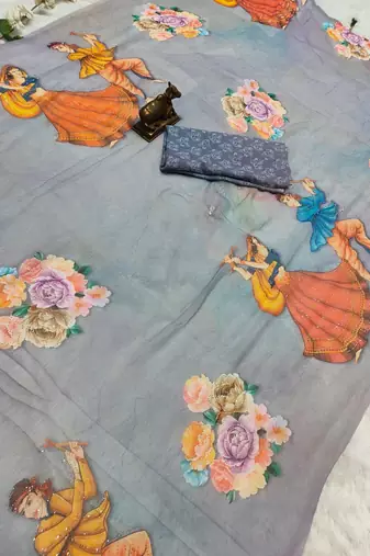 Blue colour weightless digital print saree with unstitched blouse