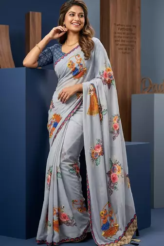 Grey colour weightless digital print saree with unstitched blouse