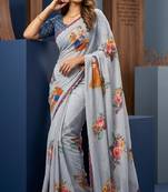 Grey colour weightless digital print saree with unstitched blouse