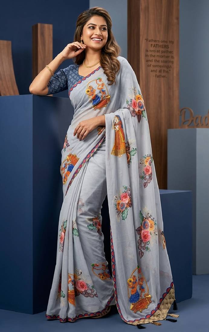 Grey colour weightless digital print saree with unstitched blouse