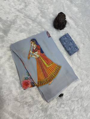 Grey colour weightless digital print saree with unstitched blouse 2