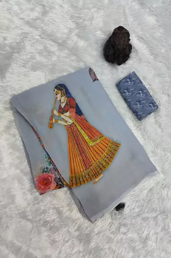 Grey colour weightless digital print saree with unstitched blouse