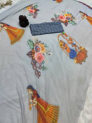 Grey colour weightless digital print saree with unstitched blouse 4