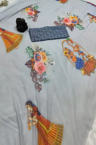 Grey colour weightless digital print saree with unstitched blouse