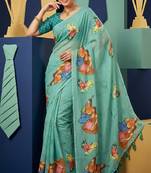 Sea green colour weightless digital print saree with unstitched blouse