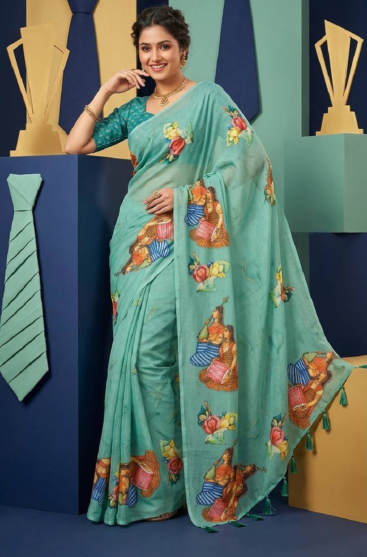 Sea green colour weightless digital print saree with unstitched blouse