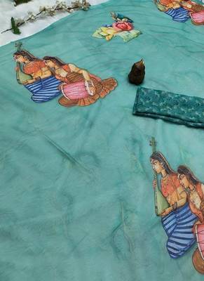 Sea green colour weightless digital print saree with unstitched blouse 2