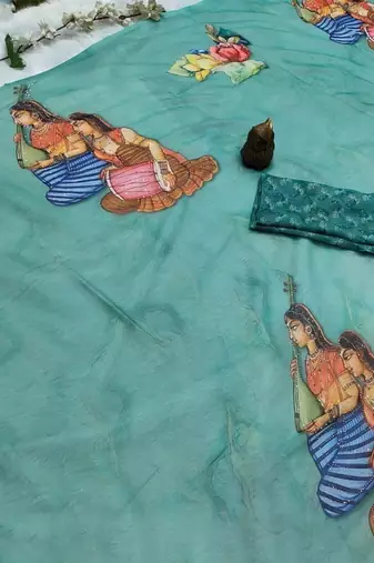 Sea green colour weightless digital print saree with unstitched blouse