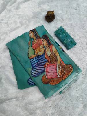 Sea green colour weightless digital print saree with unstitched blouse 3