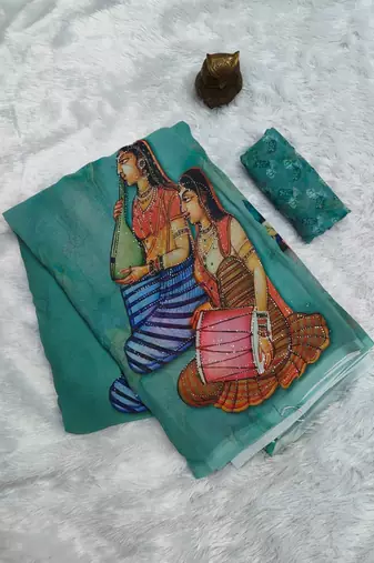 Sea green colour weightless digital print saree with unstitched blouse