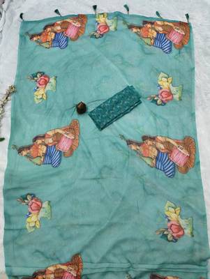 Sea green colour weightless digital print saree with unstitched blouse 4