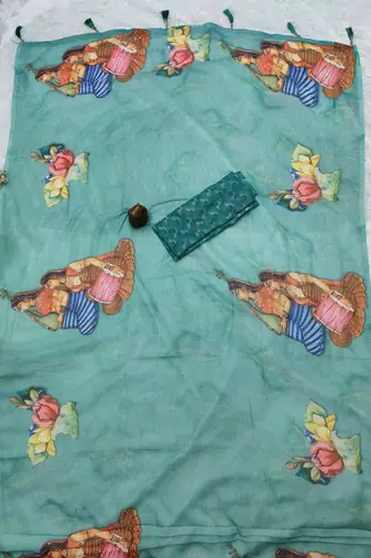Sea green colour weightless digital print saree with unstitched blouse