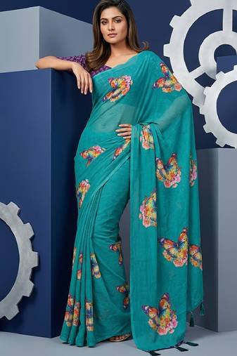 Teal colour weightless digital print saree with unstitched blouse