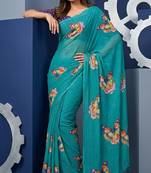 Teal colour weightless digital print saree with unstitched blouse