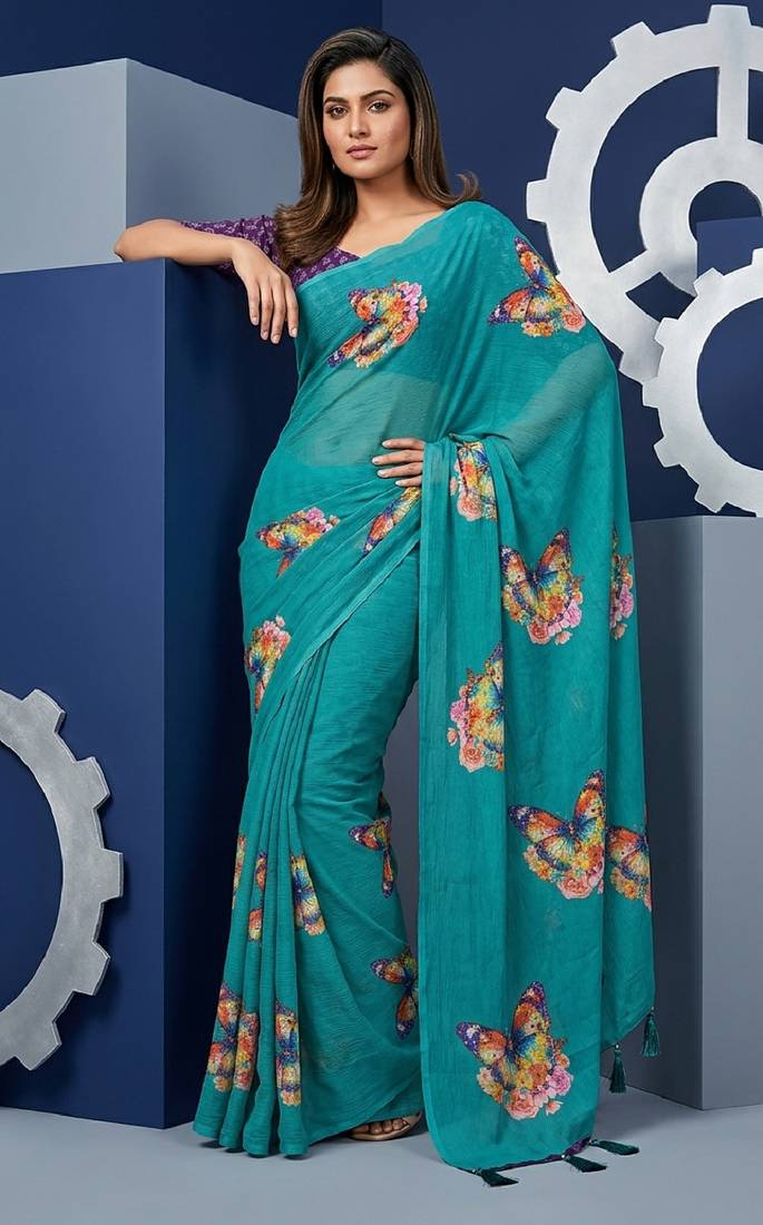 Teal colour weightless digital print saree with unstitched blouse