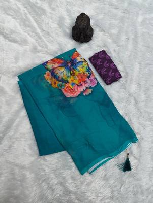 Teal colour weightless digital print saree with unstitched blouse 2