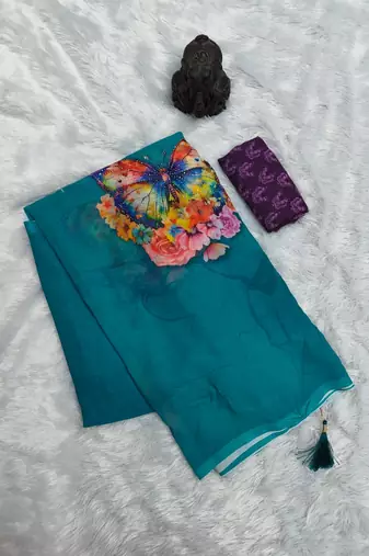 Teal colour weightless digital print saree with unstitched blouse