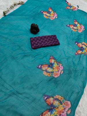 Teal colour weightless digital print saree with unstitched blouse 4