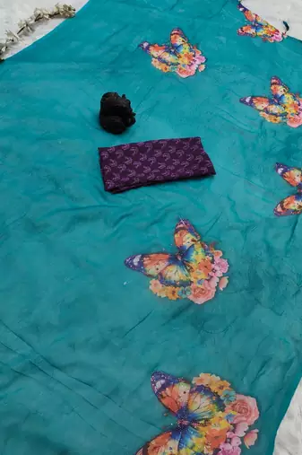 Teal colour weightless digital print saree with unstitched blouse