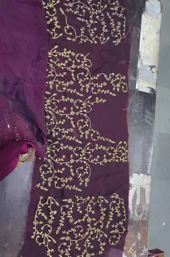 wine chiffon embroidered saree