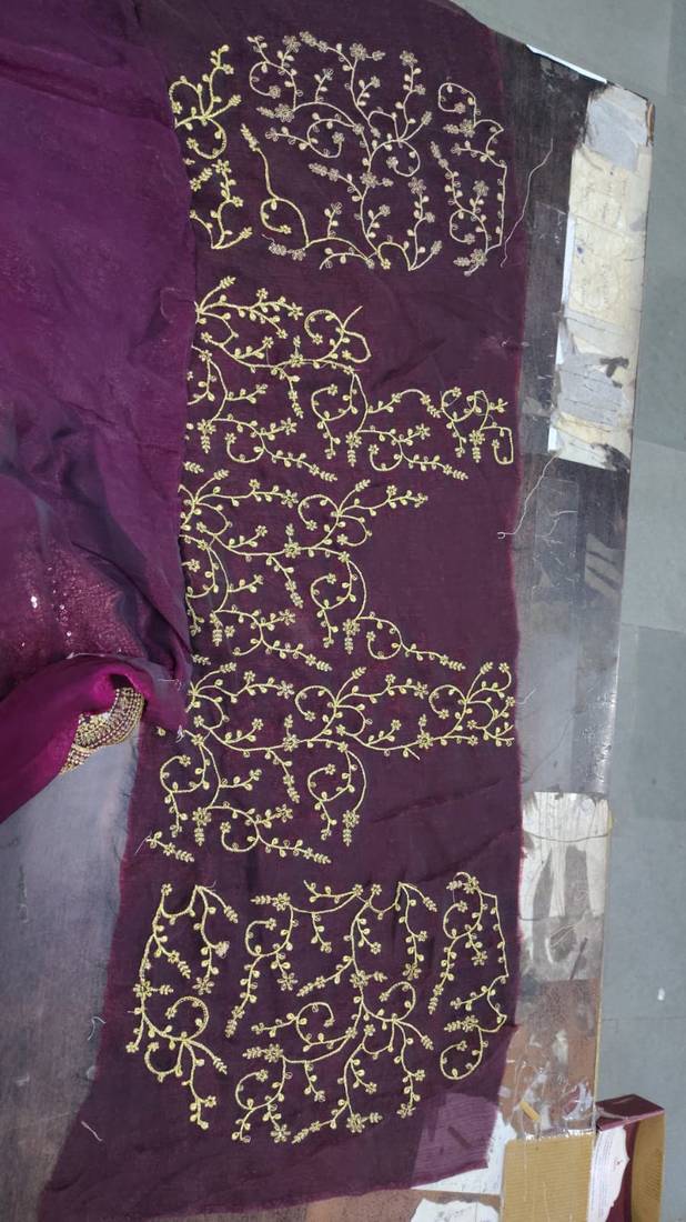 wine chiffon embroidered saree