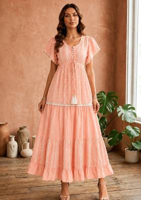 Pink  white floral embroidery & lace work  cotton blend fabric  tiered fit & flare maxi style  women   s western dress 1