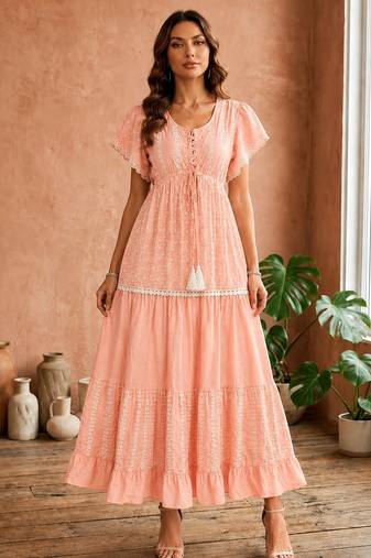 Pink  white floral embroidery & lace work  cotton blend fabric  tiered fit & flare maxi style  women   s western dress