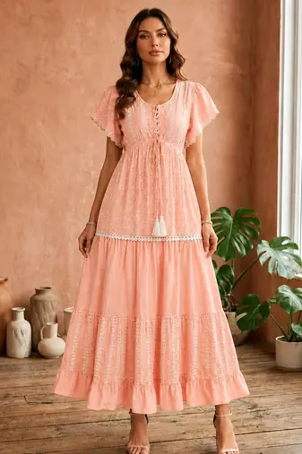 Pink  white floral embroidery & lace work  cotton blend fabric  tiered fit & flare maxi style  women   s western dress