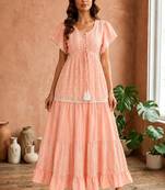 Pink  white floral embroidery & lace work  cotton blend fabric  tiered fit & flare maxi style  women   s western dress