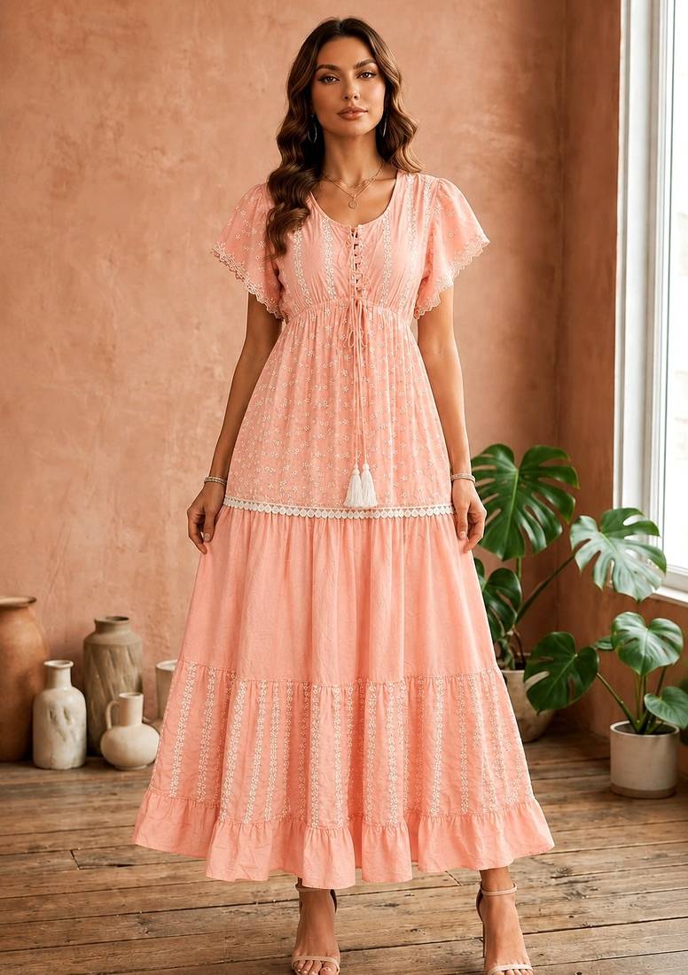 Pink  white floral embroidery & lace work  cotton blend fabric  tiered fit & flare maxi style  women   s western dress