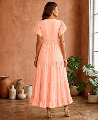 Pink  white floral embroidery & lace work  cotton blend fabric  tiered fit & flare maxi style  women   s western dress 2