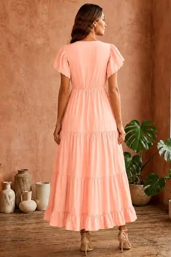 Pink  white floral embroidery & lace work  cotton blend fabric  tiered fit & flare maxi style  women   s western dress
