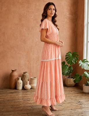 Pink  white floral embroidery & lace work  cotton blend fabric  tiered fit & flare maxi style  women   s western dress 3