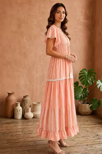 Pink  white floral embroidery & lace work  cotton blend fabric  tiered fit & flare maxi style  women   s western dress