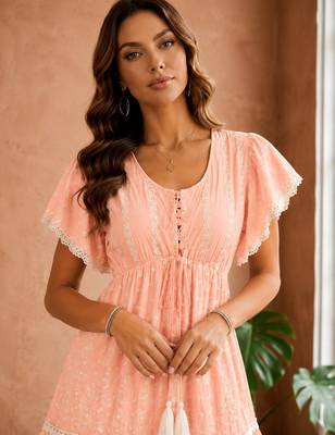 Pink  white floral embroidery & lace work  cotton blend fabric  tiered fit & flare maxi style  women   s western dress 4