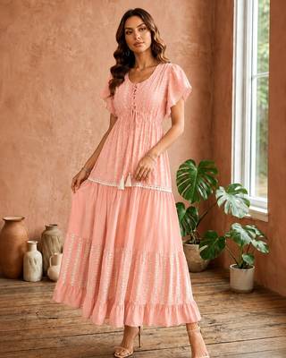 Pink  white floral embroidery & lace work  cotton blend fabric  tiered fit & flare maxi style  women   s western dress 5
