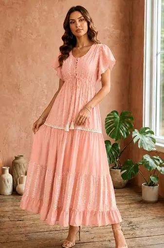 Pink  white floral embroidery & lace work  cotton blend fabric  tiered fit & flare maxi style  women   s western dress