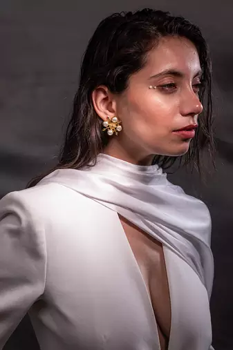white brass earrings with pearl geometric work