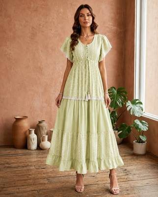 Mustard  white floral embroidery & lace work  cotton blend fabric  tiered fit & flare maxi style 1
