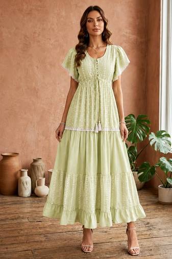 Mustard  white floral embroidery & lace work  cotton blend fabric  tiered fit & flare maxi style